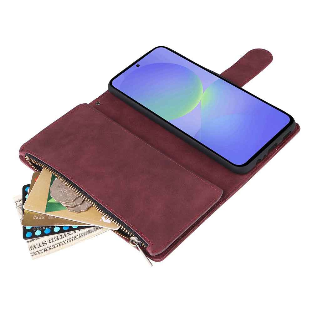 For Samsung Galaxy A57 5G Case Zipper Wallet Multiple Card Slots Leather Phone Cover with Wrist Strap - Wine Red