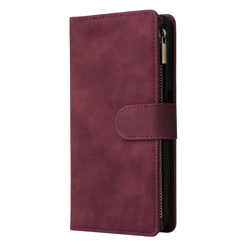For Samsung Galaxy A57 5G Case Zipper Wallet Multiple Card Slots Leather Phone Cover with Wrist Strap - Wine Red