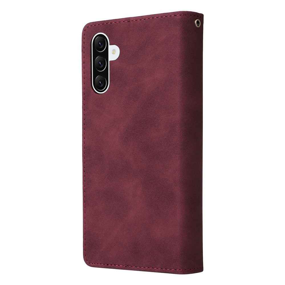For Samsung Galaxy A57 5G Case Zipper Wallet Multiple Card Slots Leather Phone Cover with Wrist Strap - Wine Red
