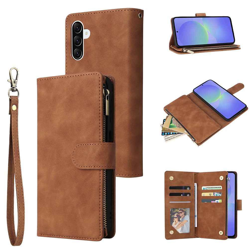For Samsung Galaxy A57 5G Case Zipper Wallet Multiple Card Slots Leather Phone Cover with Wrist Strap - Brown