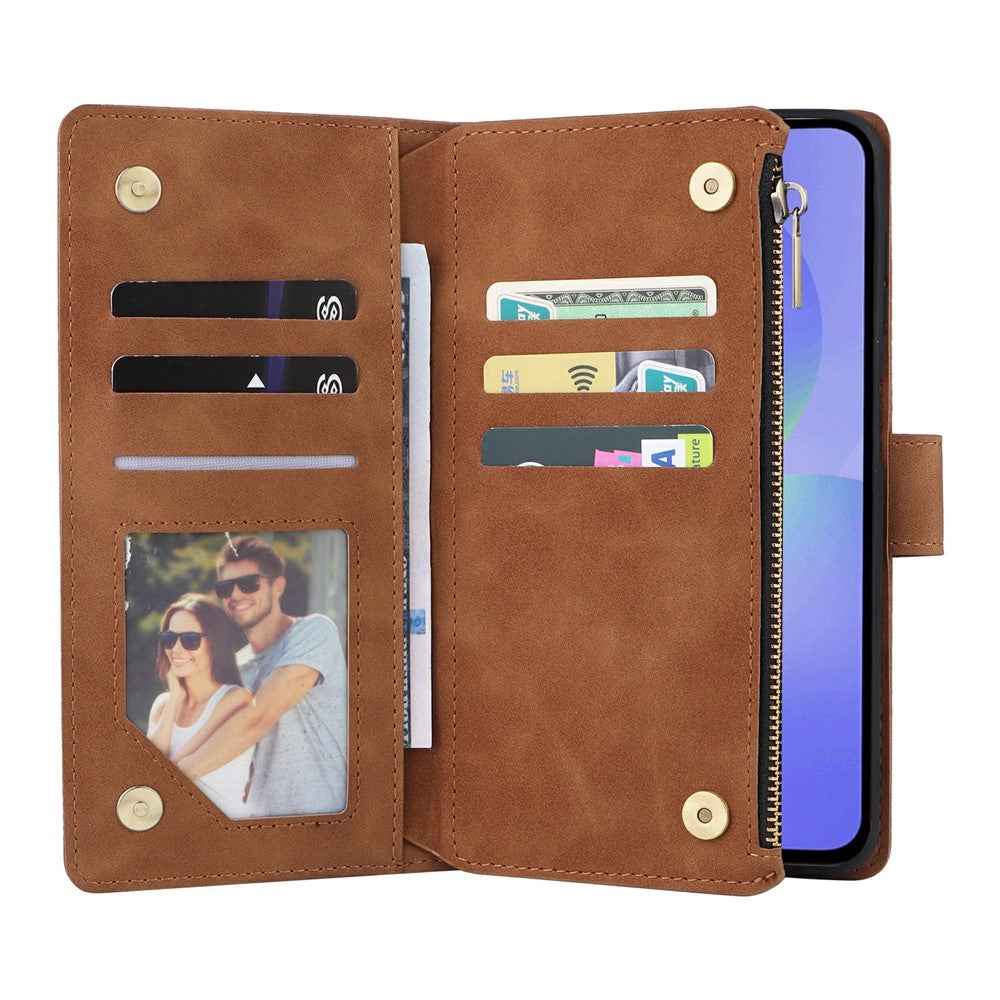 For Samsung Galaxy A57 5G Case Zipper Wallet Multiple Card Slots Leather Phone Cover with Wrist Strap - Brown