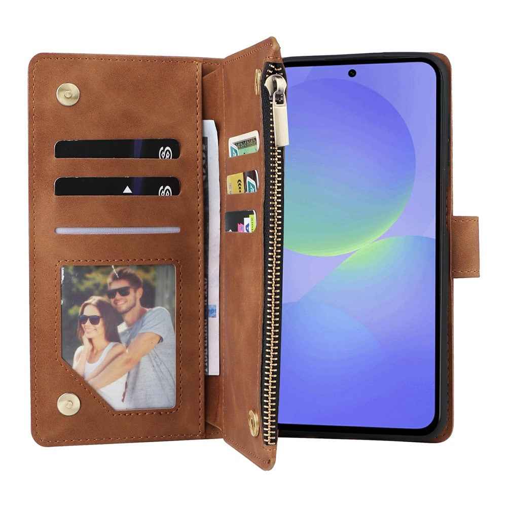For Samsung Galaxy A57 5G Case Zipper Wallet Multiple Card Slots Leather Phone Cover with Wrist Strap - Brown