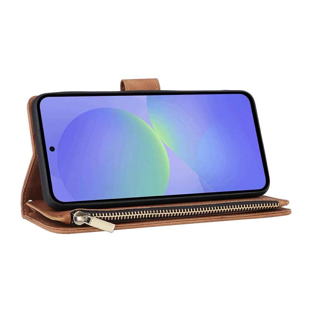 For Samsung Galaxy A57 5G Case Zipper Wallet Multiple Card Slots Leather Phone Cover with Wrist Strap - Brown