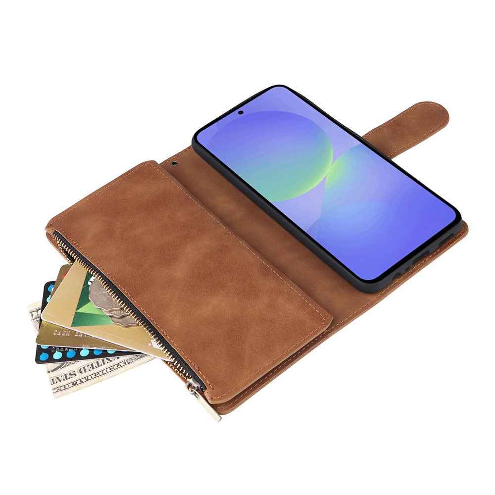 For Samsung Galaxy A57 5G Case Zipper Wallet Multiple Card Slots Leather Phone Cover with Wrist Strap - Brown