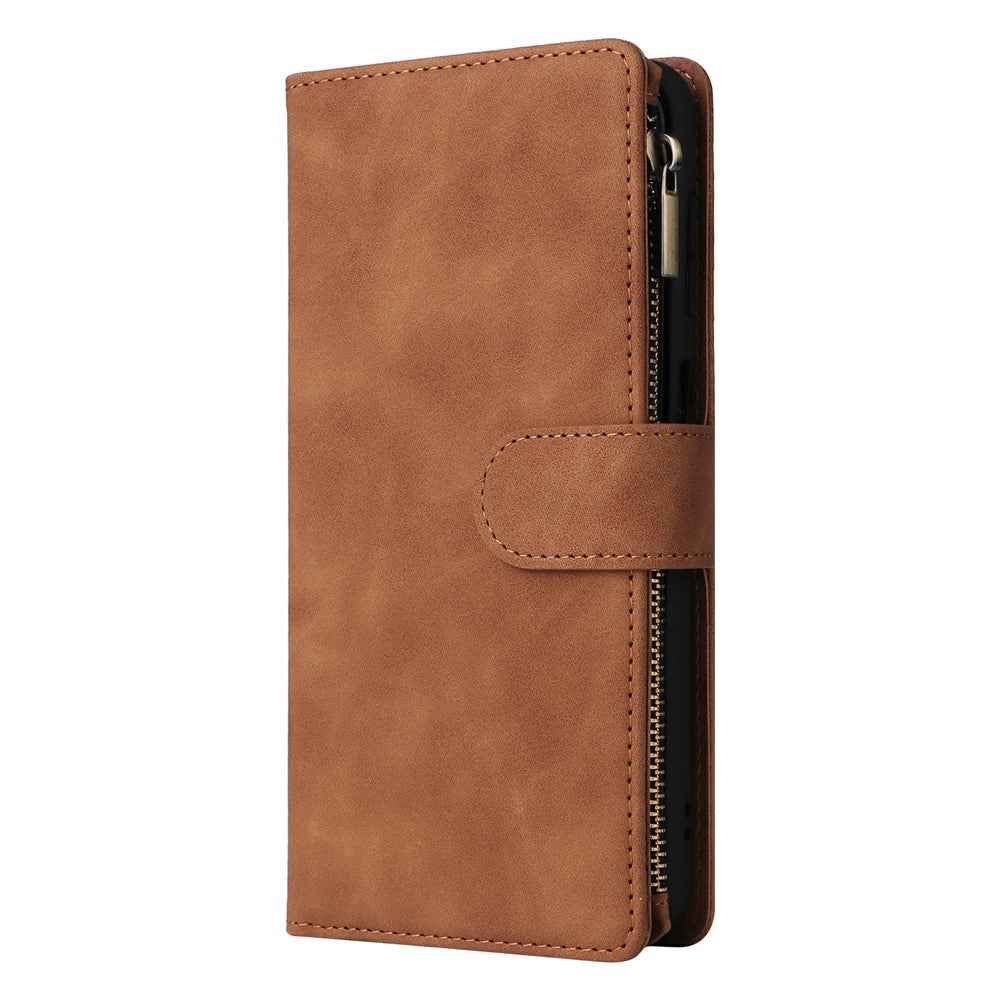 For Samsung Galaxy A57 5G Case Zipper Wallet Multiple Card Slots Leather Phone Cover with Wrist Strap - Brown