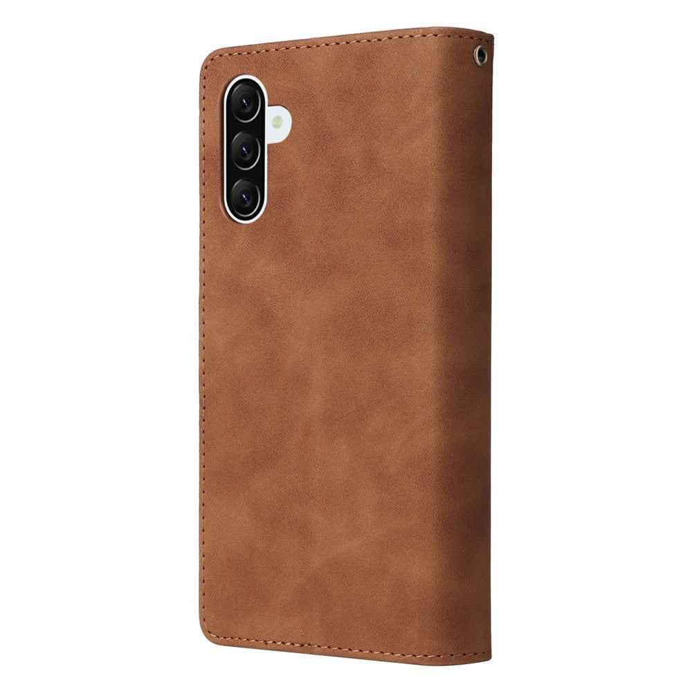 For Samsung Galaxy A57 5G Case Zipper Wallet Multiple Card Slots Leather Phone Cover with Wrist Strap - Brown