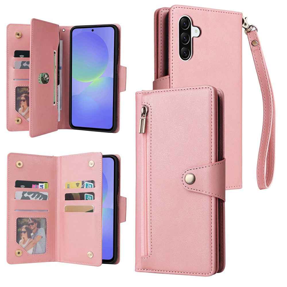 For Samsung Galaxy A57 5G Case Zipper Wallet Rivet Decor Leather Phone Cover with Wrist Strap - Rose Gold