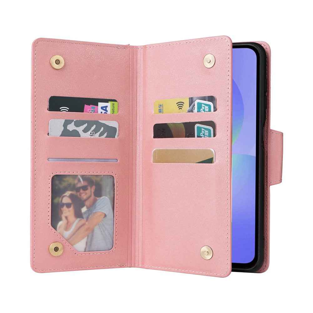 For Samsung Galaxy A57 5G Case Zipper Wallet Rivet Decor Leather Phone Cover with Wrist Strap - Rose Gold