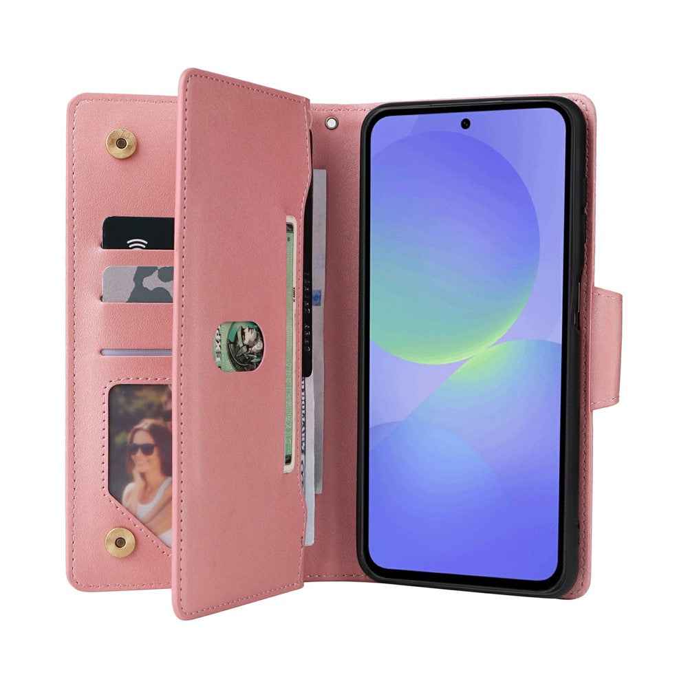 For Samsung Galaxy A57 5G Case Zipper Wallet Rivet Decor Leather Phone Cover with Wrist Strap - Rose Gold