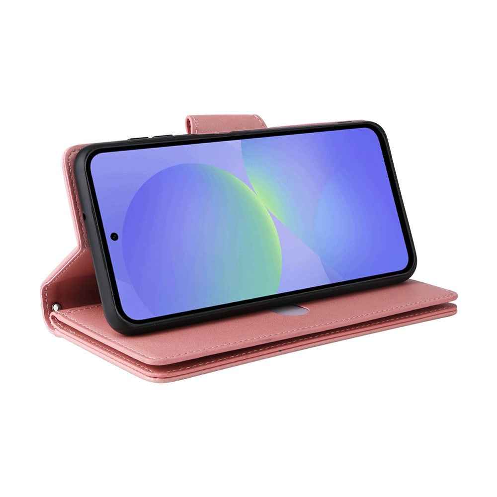 For Samsung Galaxy A57 5G Case Zipper Wallet Rivet Decor Leather Phone Cover with Wrist Strap - Rose Gold