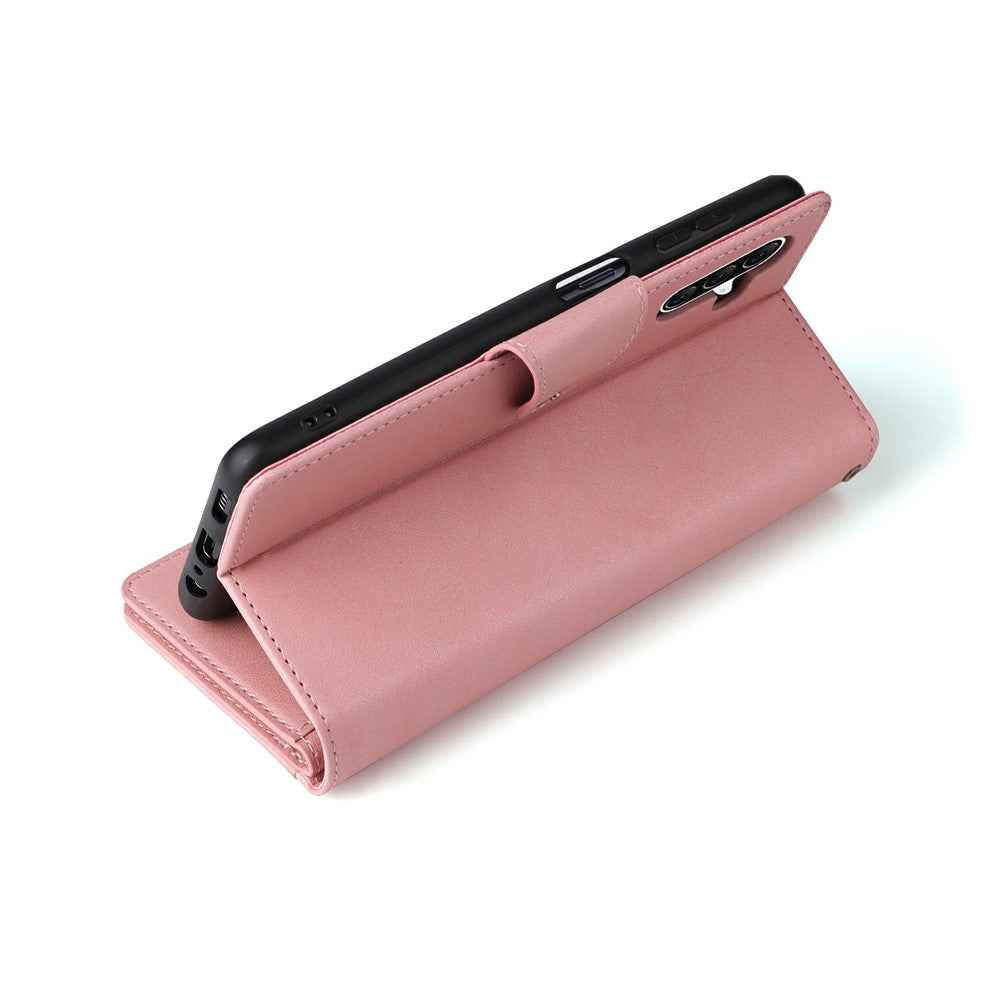 For Samsung Galaxy A57 5G Case Zipper Wallet Rivet Decor Leather Phone Cover with Wrist Strap - Rose Gold