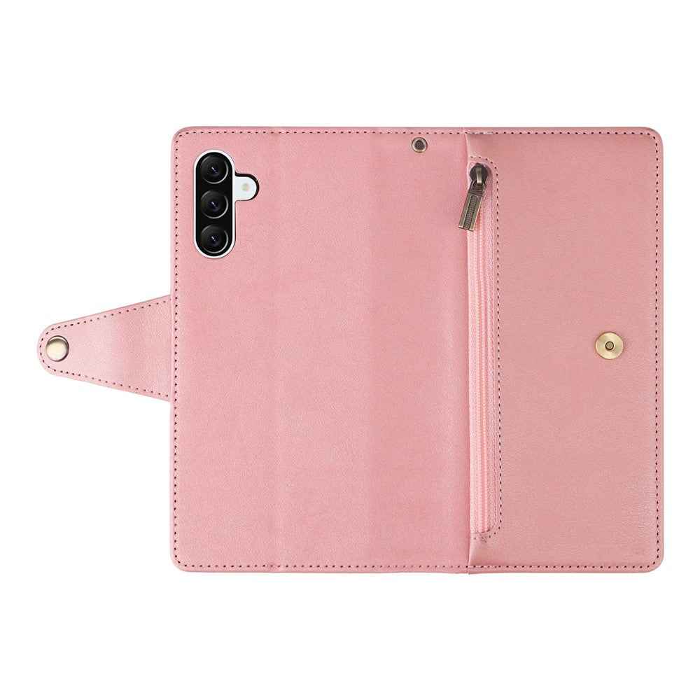 For Samsung Galaxy A57 5G Case Zipper Wallet Rivet Decor Leather Phone Cover with Wrist Strap - Rose Gold