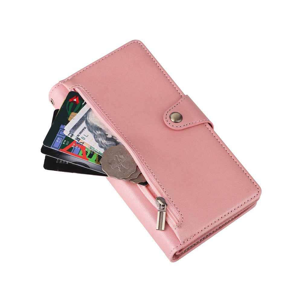 For Samsung Galaxy A57 5G Case Zipper Wallet Rivet Decor Leather Phone Cover with Wrist Strap - Rose Gold