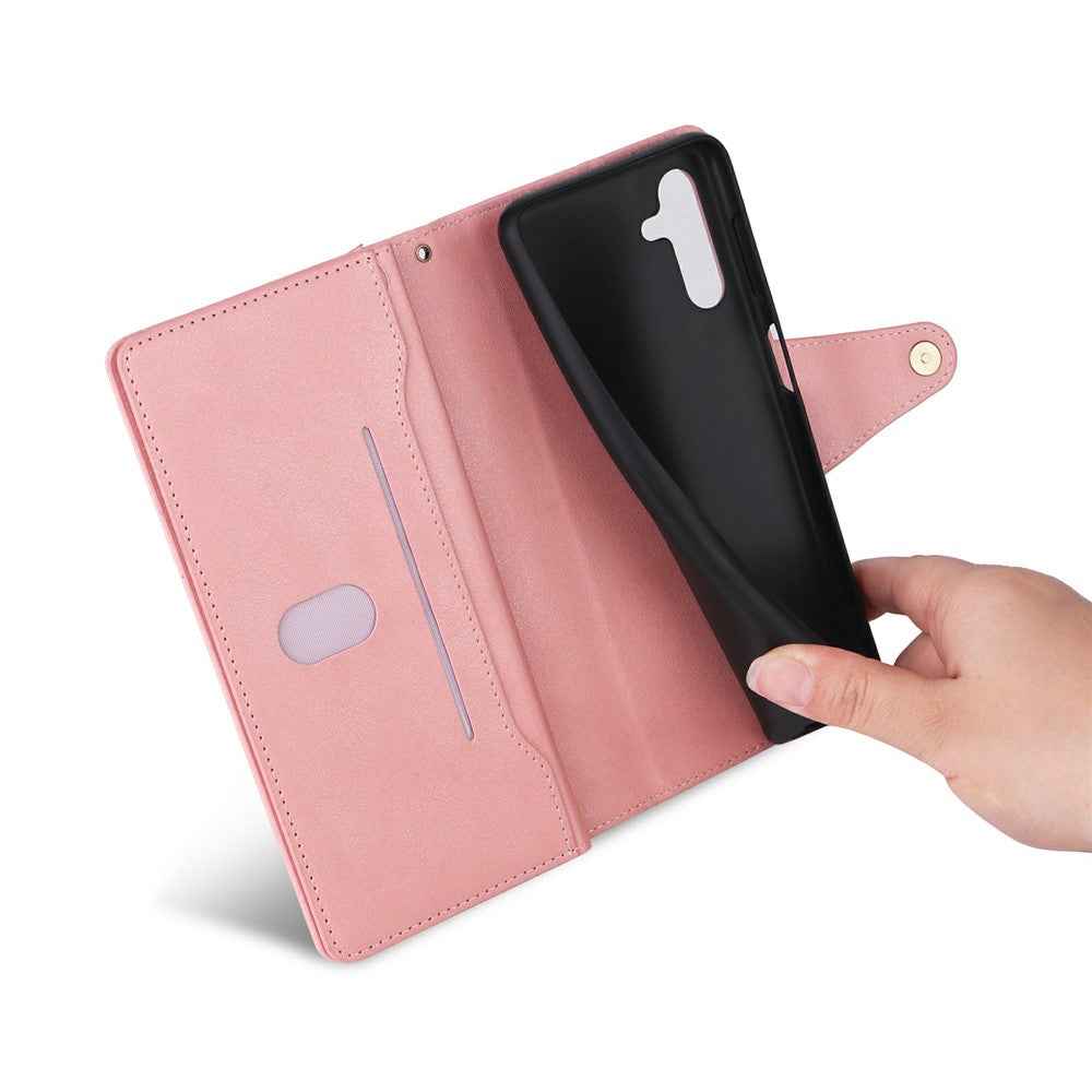 For Samsung Galaxy A57 5G Case Zipper Wallet Rivet Decor Leather Phone Cover with Wrist Strap - Rose Gold
