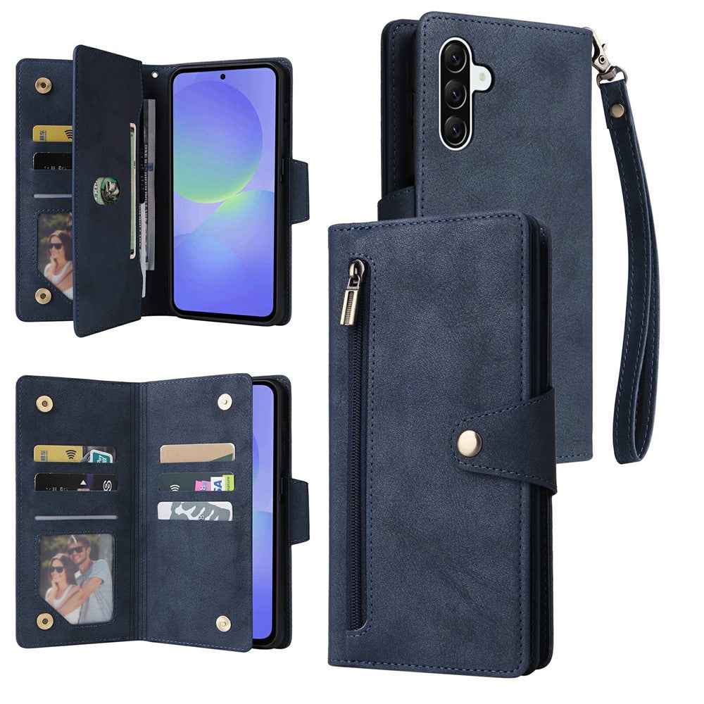 For Samsung Galaxy A57 5G Case Zipper Wallet Rivet Decor Leather Phone Cover with Wrist Strap - Blue