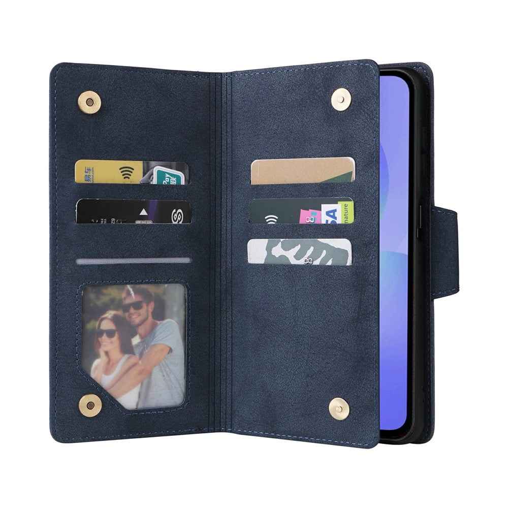 For Samsung Galaxy A57 5G Case Zipper Wallet Rivet Decor Leather Phone Cover with Wrist Strap - Blue