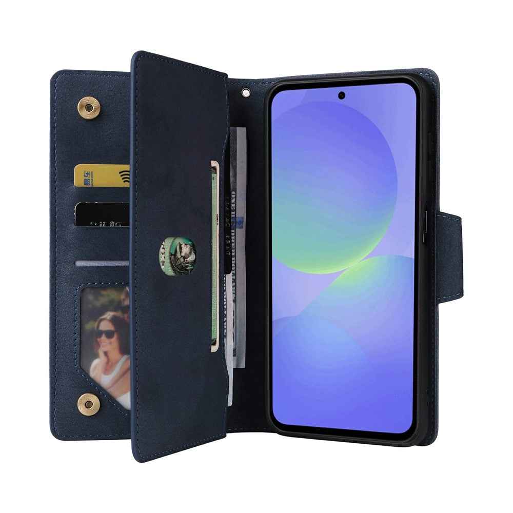 For Samsung Galaxy A57 5G Case Zipper Wallet Rivet Decor Leather Phone Cover with Wrist Strap - Blue