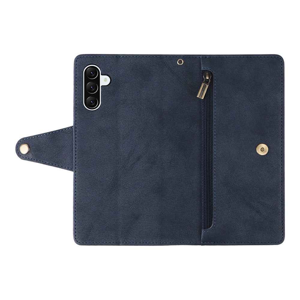 For Samsung Galaxy A57 5G Case Zipper Wallet Rivet Decor Leather Phone Cover with Wrist Strap - Blue