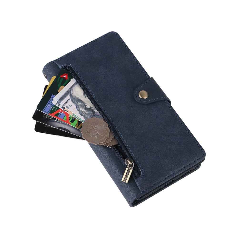 For Samsung Galaxy A57 5G Case Zipper Wallet Rivet Decor Leather Phone Cover with Wrist Strap - Blue