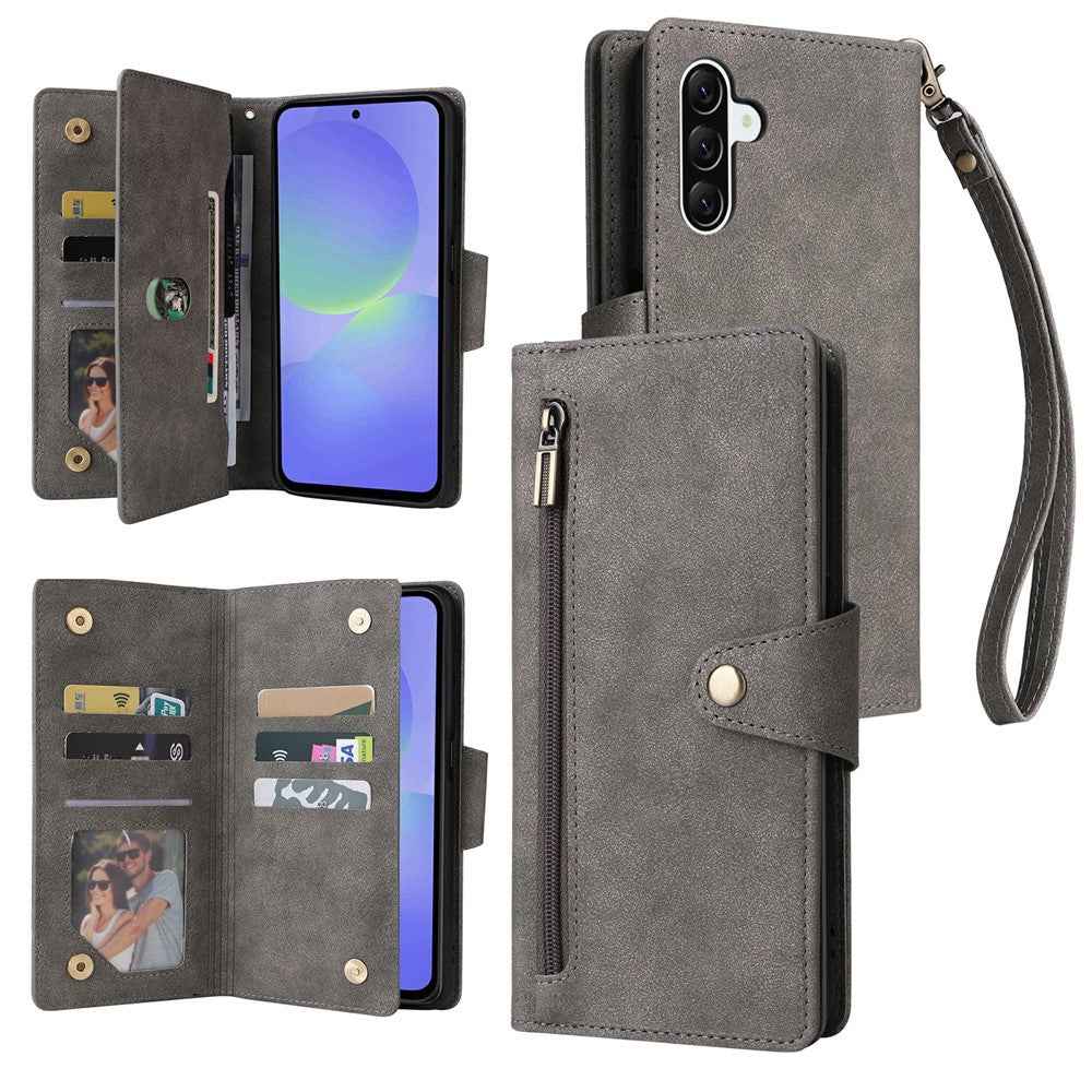 For Samsung Galaxy A57 5G Case Zipper Wallet Rivet Decor Leather Phone Cover with Wrist Strap - Grey