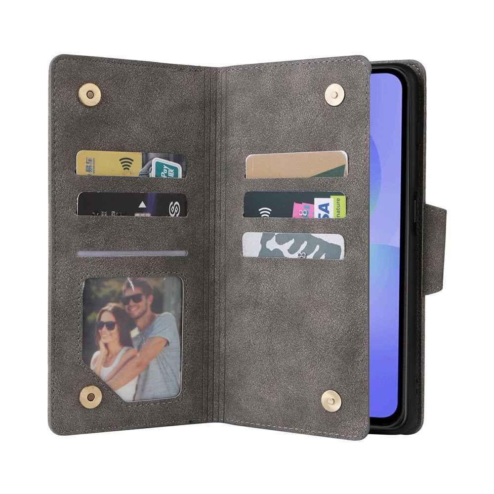 For Samsung Galaxy A57 5G Case Zipper Wallet Rivet Decor Leather Phone Cover with Wrist Strap - Grey
