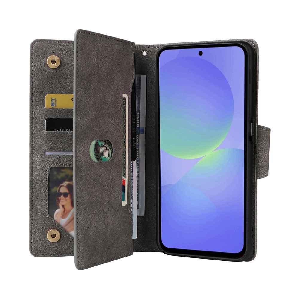 For Samsung Galaxy A57 5G Case Zipper Wallet Rivet Decor Leather Phone Cover with Wrist Strap - Grey