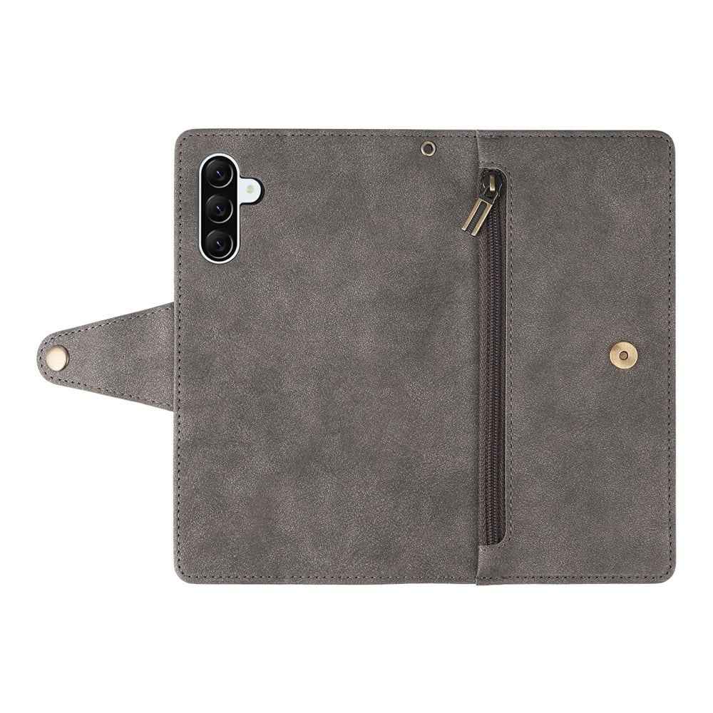 For Samsung Galaxy A57 5G Case Zipper Wallet Rivet Decor Leather Phone Cover with Wrist Strap - Grey