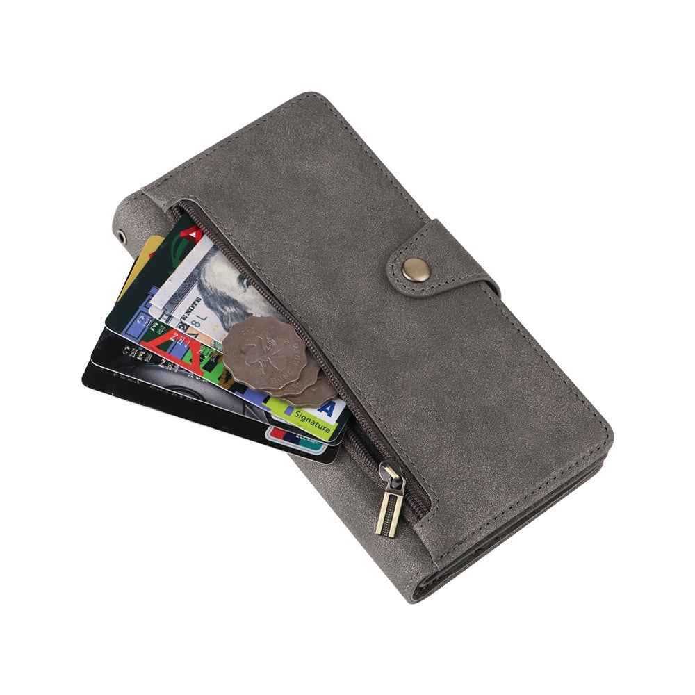 For Samsung Galaxy A57 5G Case Zipper Wallet Rivet Decor Leather Phone Cover with Wrist Strap - Grey