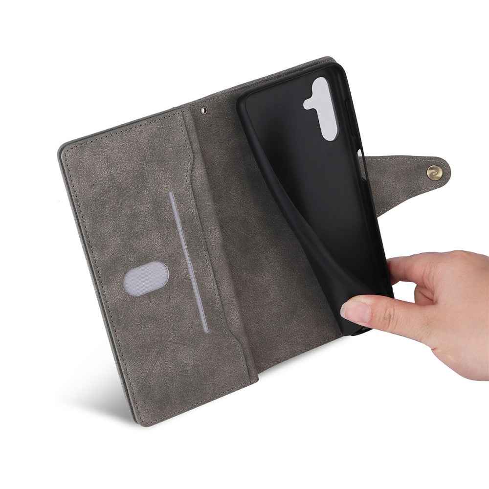 For Samsung Galaxy A57 5G Case Zipper Wallet Rivet Decor Leather Phone Cover with Wrist Strap - Grey