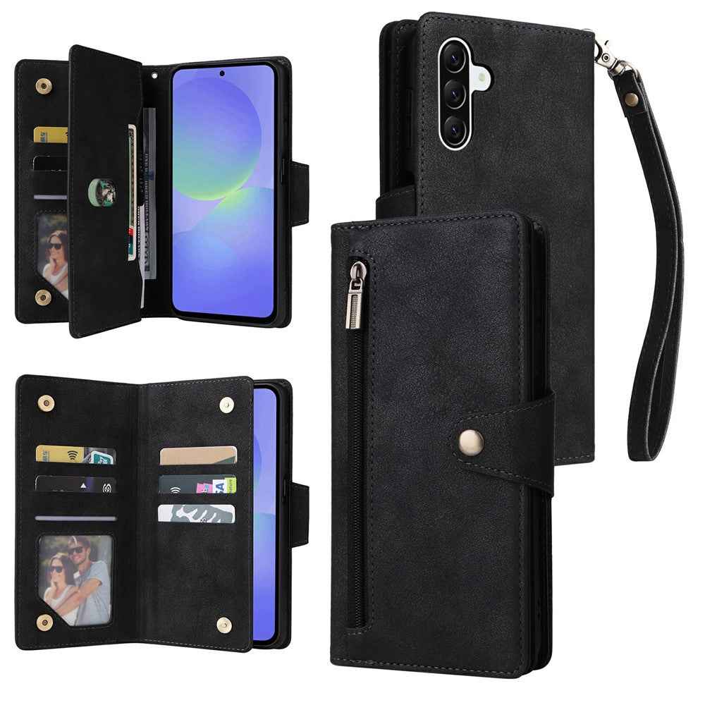 For Samsung Galaxy A57 5G Case Zipper Wallet Rivet Decor Leather Phone Cover with Wrist Strap - Black