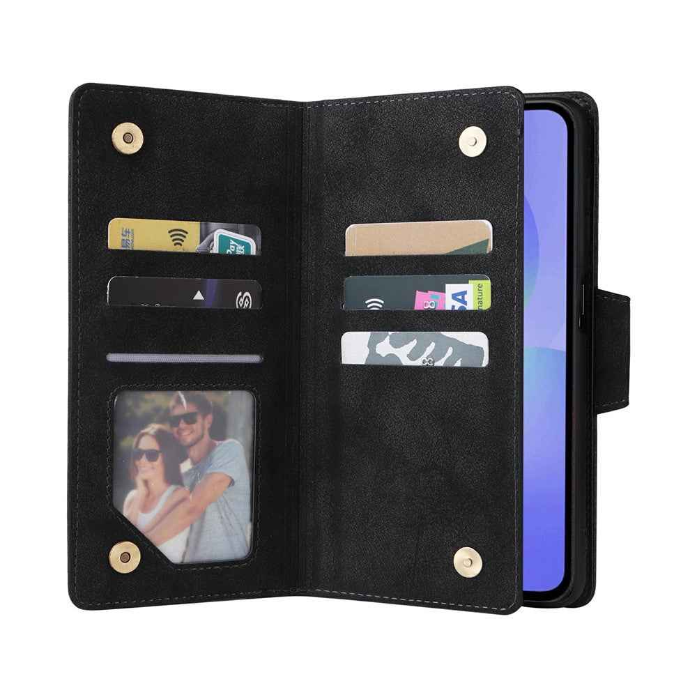 For Samsung Galaxy A57 5G Case Zipper Wallet Rivet Decor Leather Phone Cover with Wrist Strap - Black