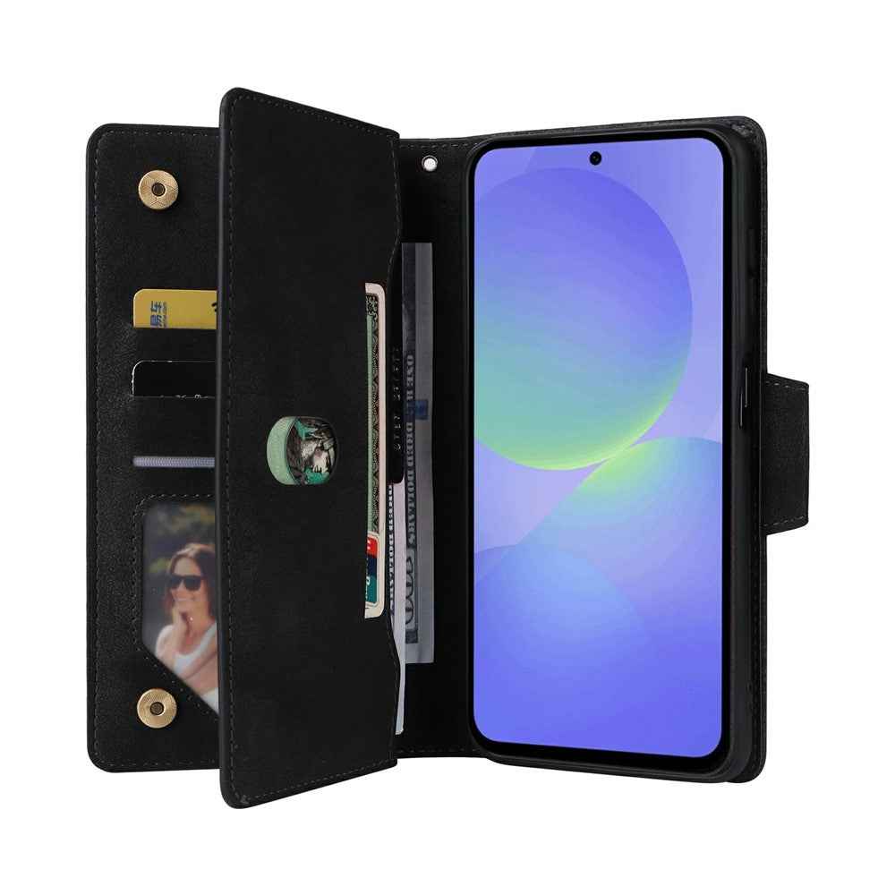 For Samsung Galaxy A57 5G Case Zipper Wallet Rivet Decor Leather Phone Cover with Wrist Strap - Black