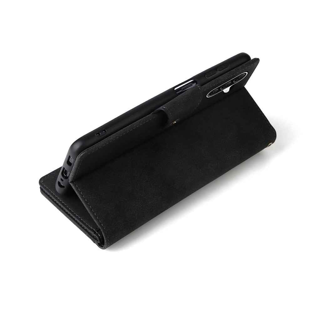 For Samsung Galaxy A57 5G Case Zipper Wallet Rivet Decor Leather Phone Cover with Wrist Strap - Black