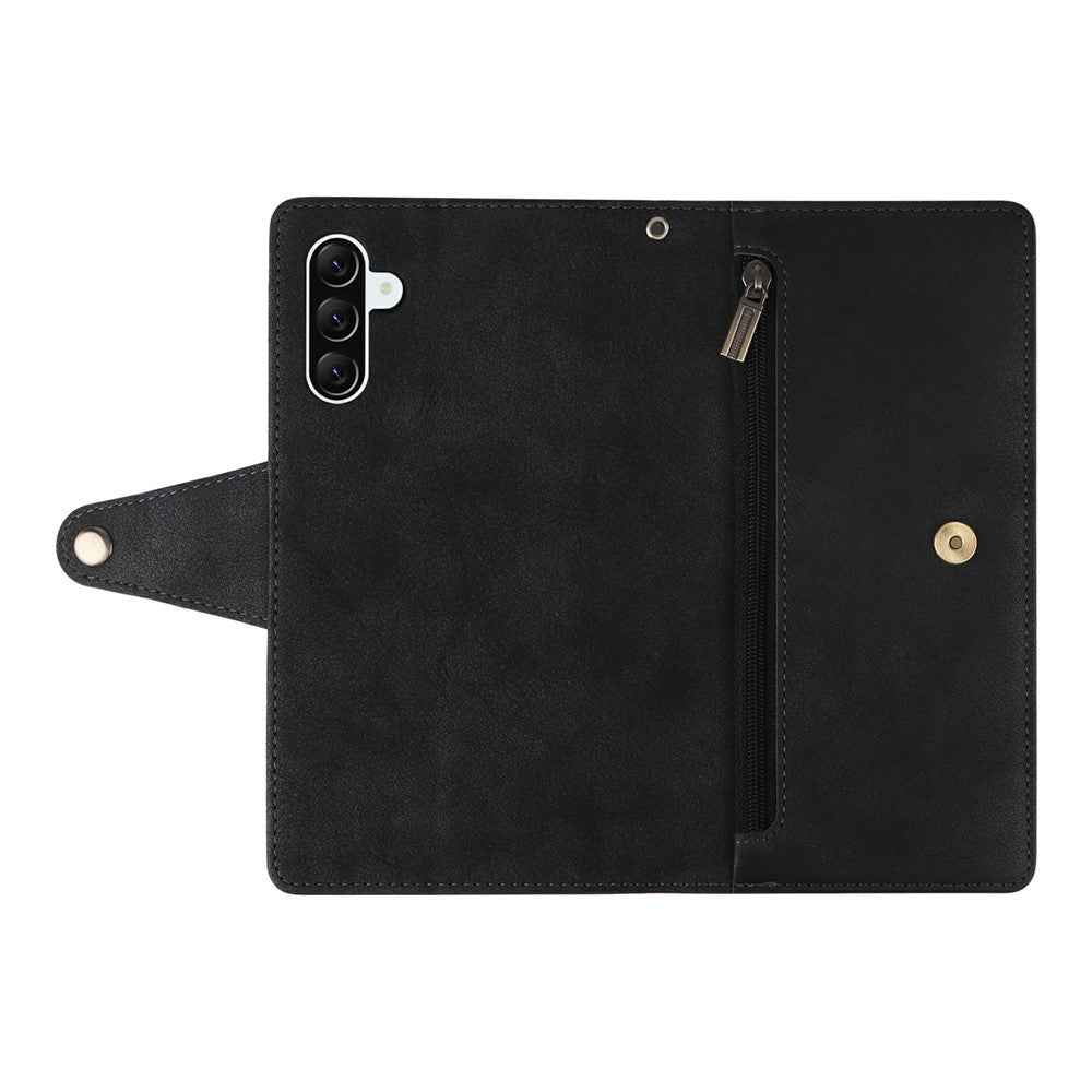 For Samsung Galaxy A57 5G Case Zipper Wallet Rivet Decor Leather Phone Cover with Wrist Strap - Black