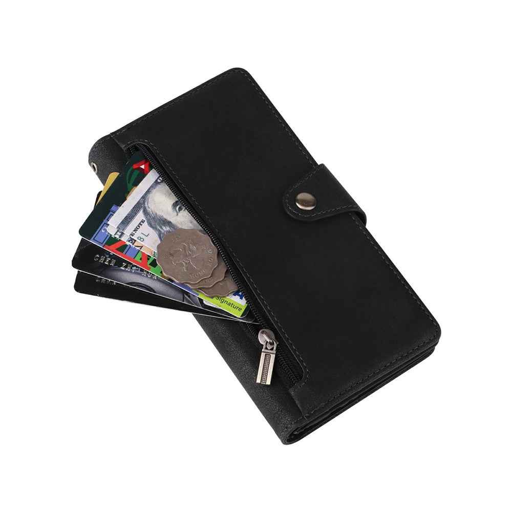 For Samsung Galaxy A57 5G Case Zipper Wallet Rivet Decor Leather Phone Cover with Wrist Strap - Black