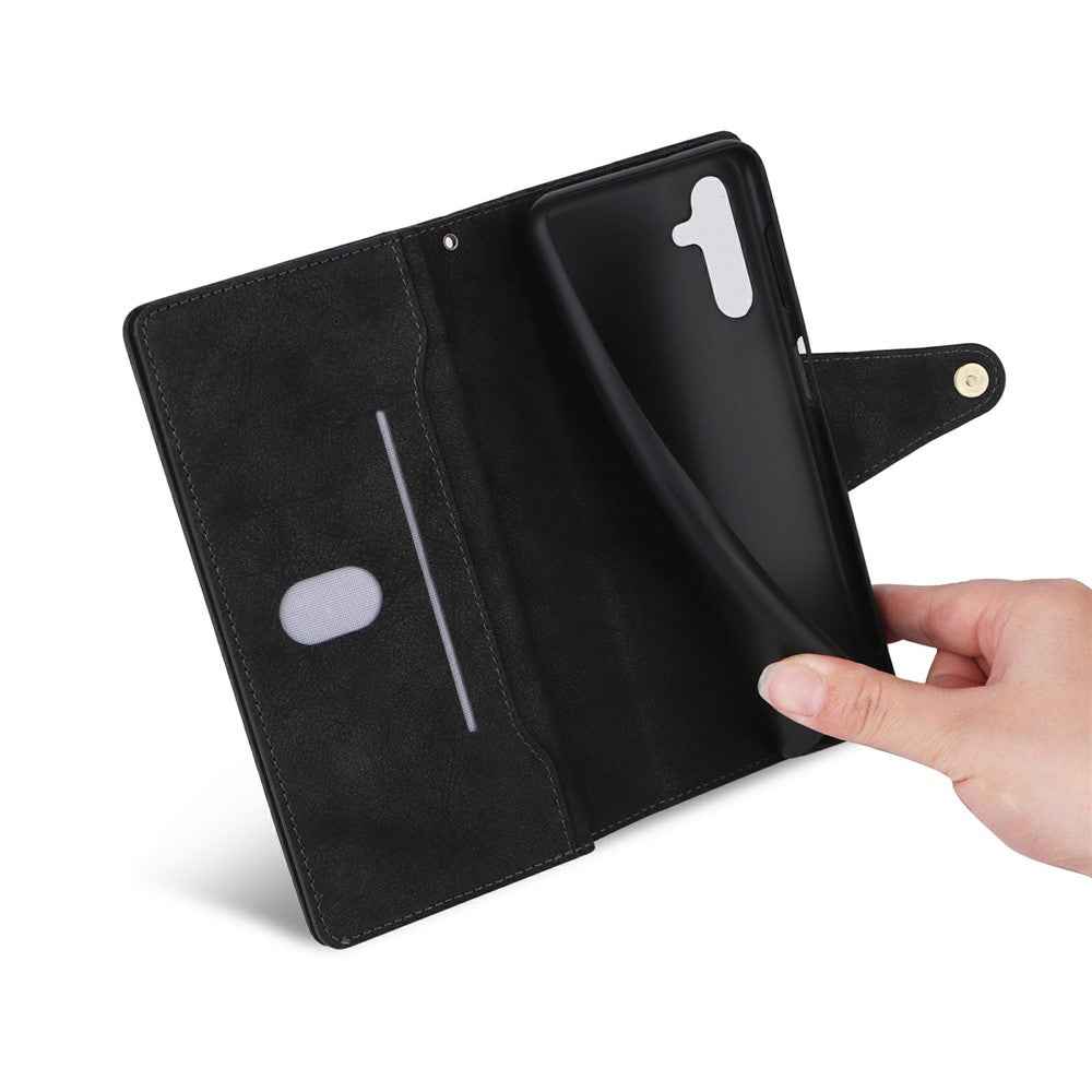 For Samsung Galaxy A57 5G Case Zipper Wallet Rivet Decor Leather Phone Cover with Wrist Strap - Black