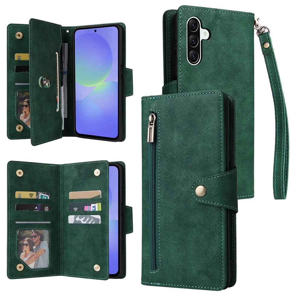For Samsung Galaxy A57 5G Case Zipper Wallet Rivet Decor Leather Phone Cover with Wrist Strap - Green