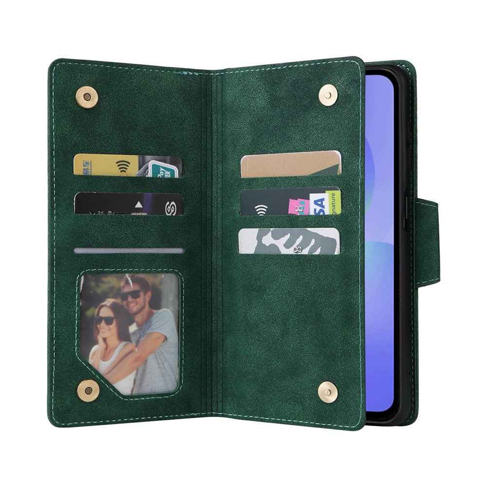 For Samsung Galaxy A57 5G Case Zipper Wallet Rivet Decor Leather Phone Cover with Wrist Strap - Green