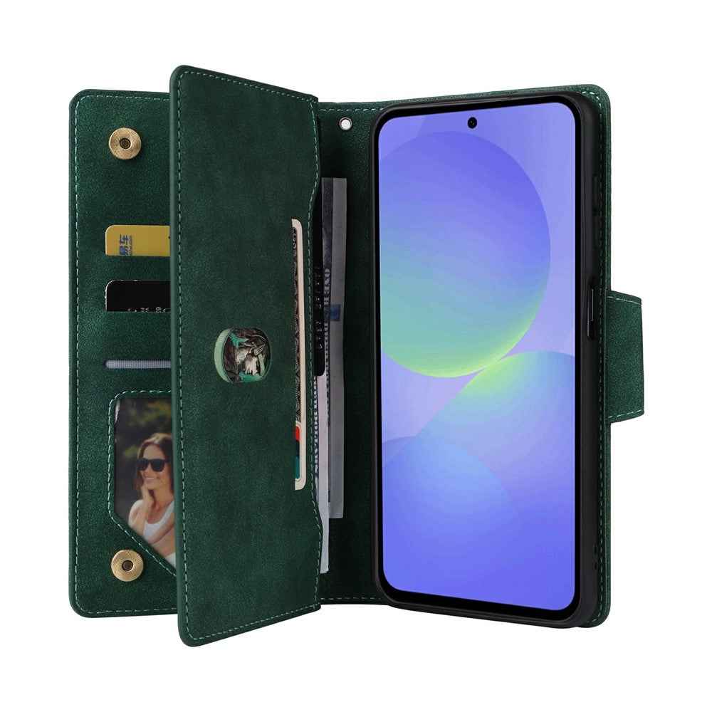 For Samsung Galaxy A57 5G Case Zipper Wallet Rivet Decor Leather Phone Cover with Wrist Strap - Green