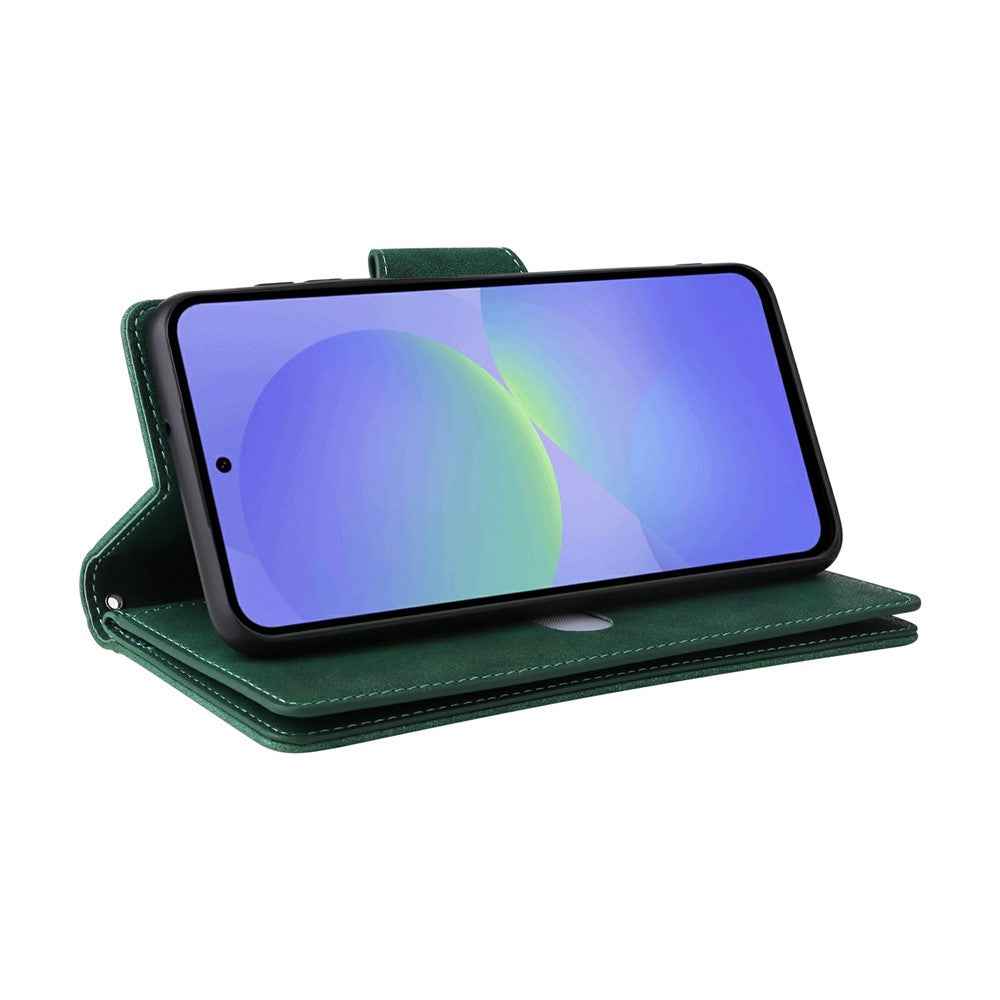 For Samsung Galaxy A57 5G Case Zipper Wallet Rivet Decor Leather Phone Cover with Wrist Strap - Green