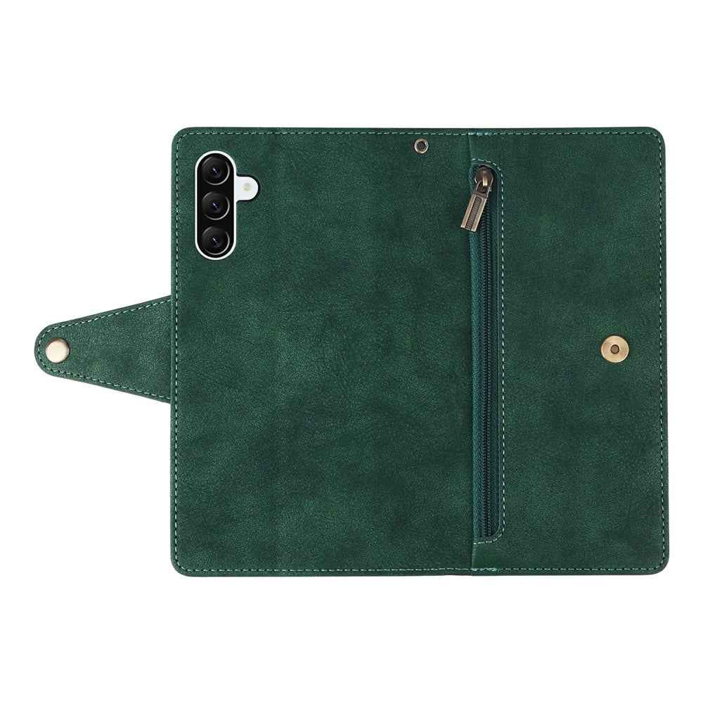 For Samsung Galaxy A57 5G Case Zipper Wallet Rivet Decor Leather Phone Cover with Wrist Strap - Green