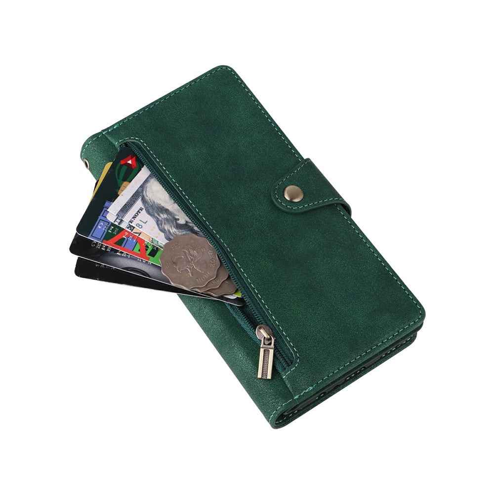 For Samsung Galaxy A57 5G Case Zipper Wallet Rivet Decor Leather Phone Cover with Wrist Strap - Green