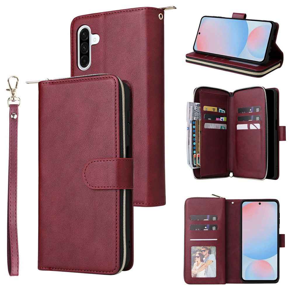 For Samsung Galaxy A57 5G Case Zipper Pocket 9 Card Slots PU Leather Phone Cover with Hand Strap - Wine Red