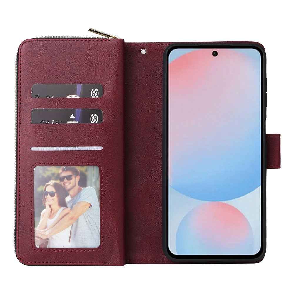 For Samsung Galaxy A57 5G Case Zipper Pocket 9 Card Slots PU Leather Phone Cover with Hand Strap - Wine Red