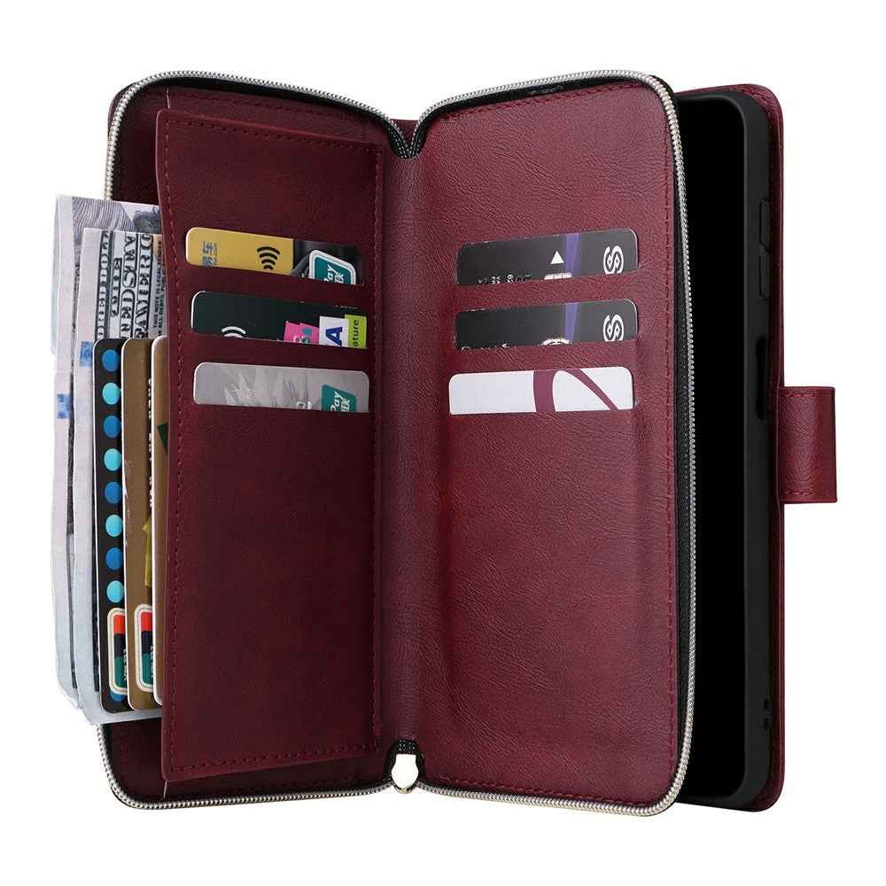 For Samsung Galaxy A57 5G Case Zipper Pocket 9 Card Slots PU Leather Phone Cover with Hand Strap - Wine Red