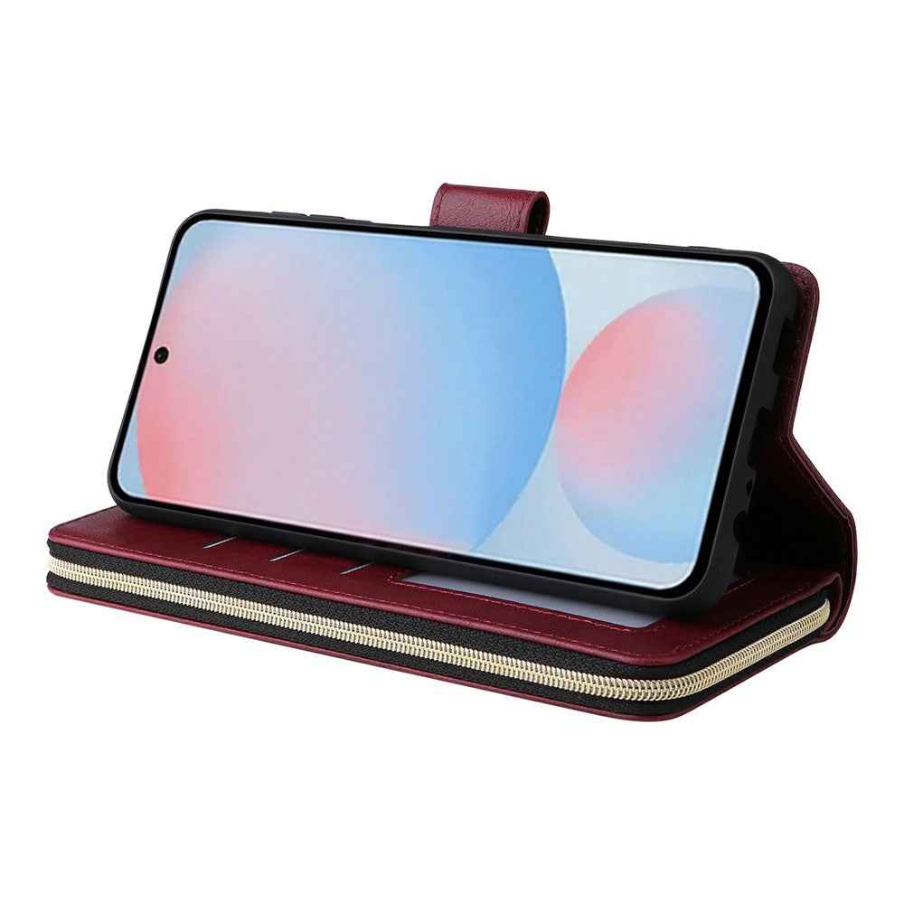 For Samsung Galaxy A57 5G Case Zipper Pocket 9 Card Slots PU Leather Phone Cover with Hand Strap - Wine Red