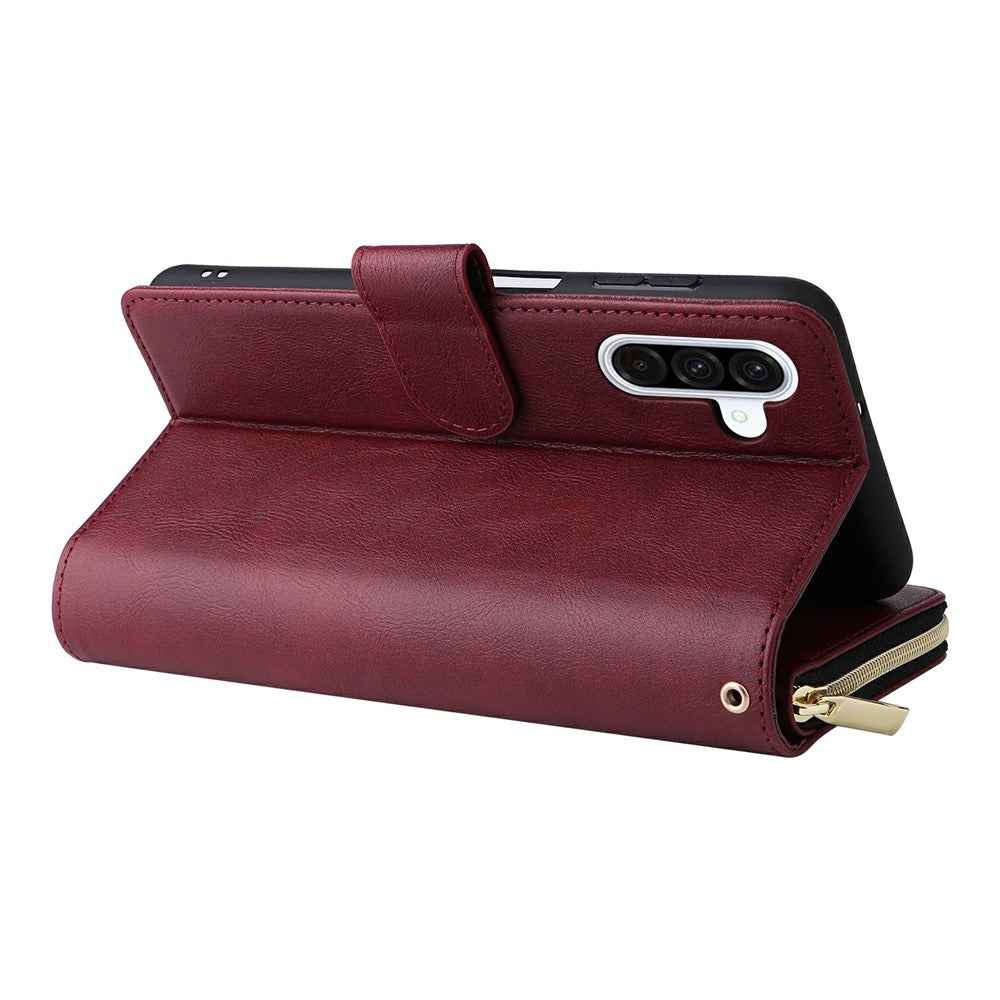 For Samsung Galaxy A57 5G Case Zipper Pocket 9 Card Slots PU Leather Phone Cover with Hand Strap - Wine Red