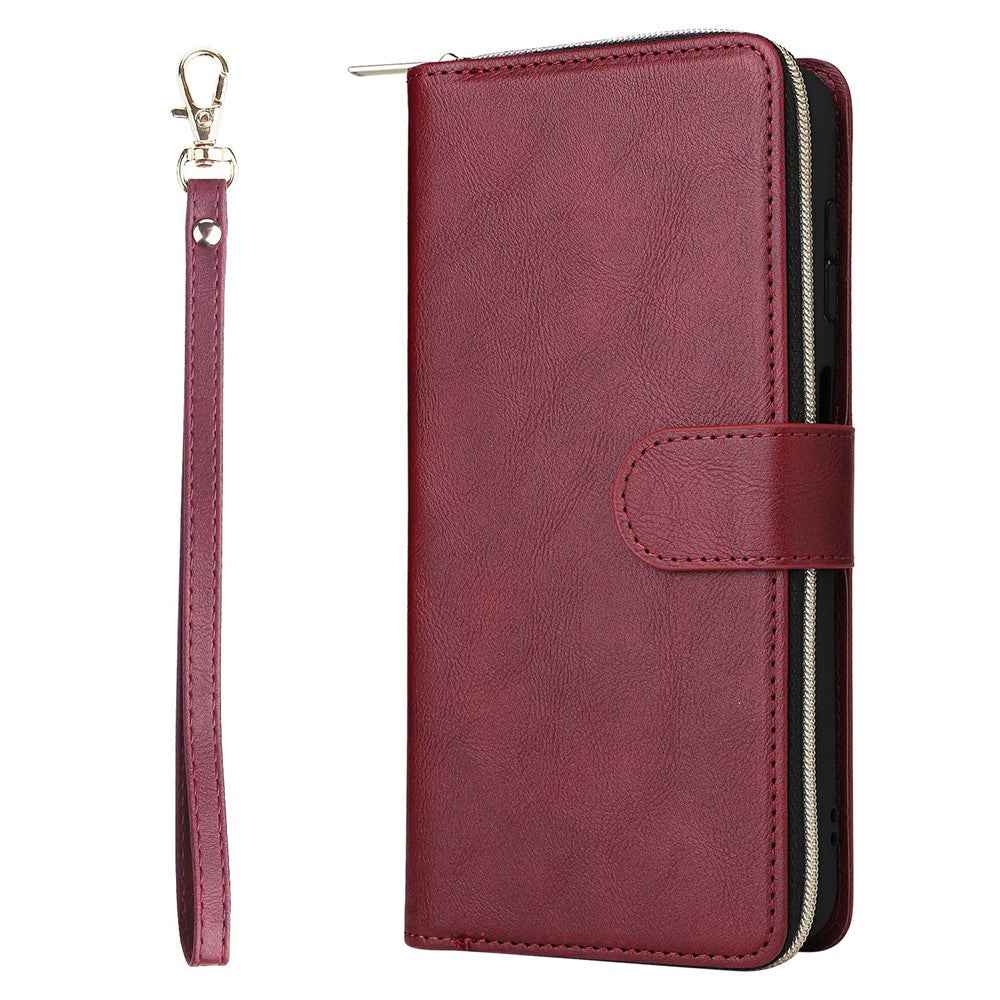 For Samsung Galaxy A57 5G Case Zipper Pocket 9 Card Slots PU Leather Phone Cover with Hand Strap - Wine Red