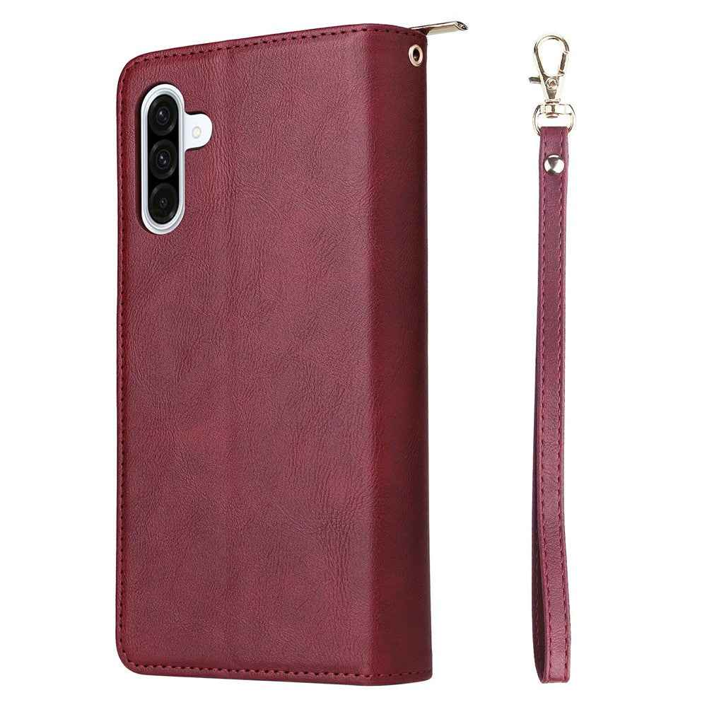 For Samsung Galaxy A57 5G Case Zipper Pocket 9 Card Slots PU Leather Phone Cover with Hand Strap - Wine Red
