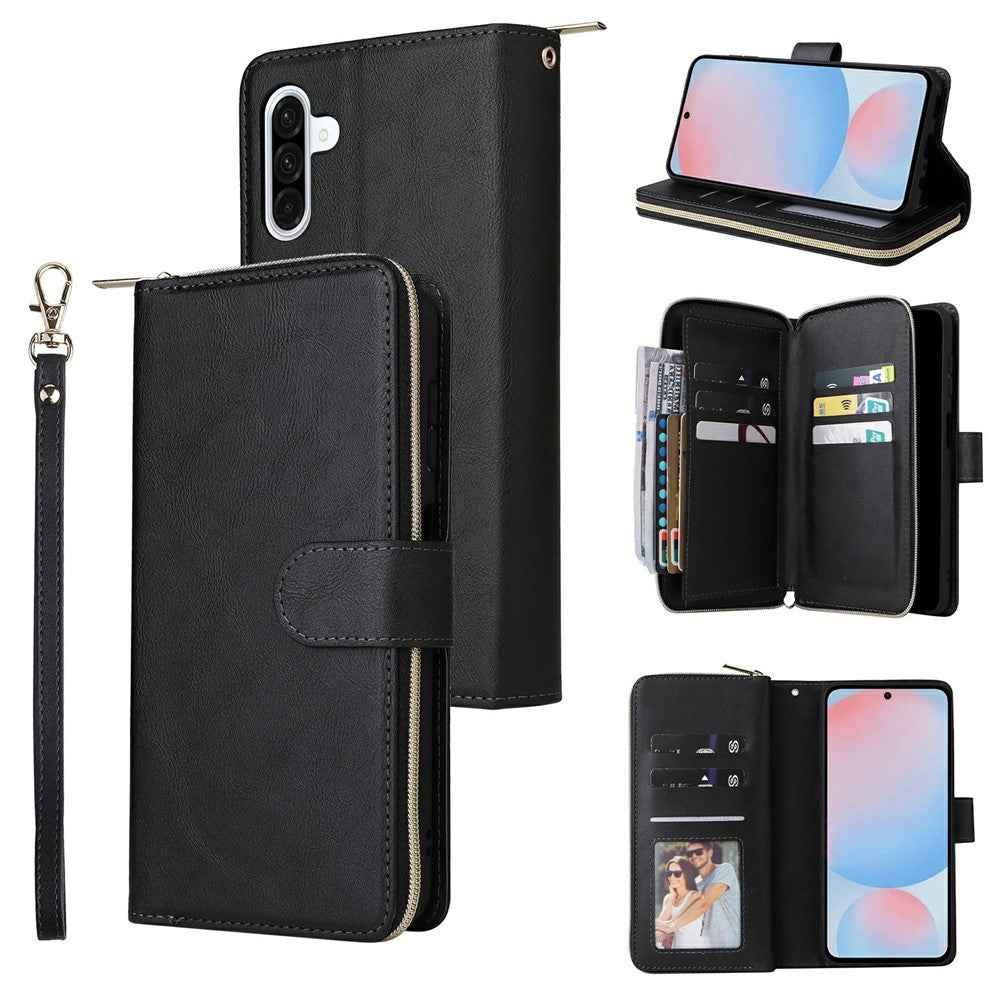 For Samsung Galaxy A57 5G Case Zipper Pocket 9 Card Slots PU Leather Phone Cover with Hand Strap - Black